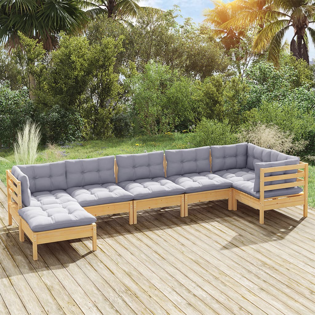 7 Piece Garden Lounge Set with Grey Cushions Solid Pine Wood