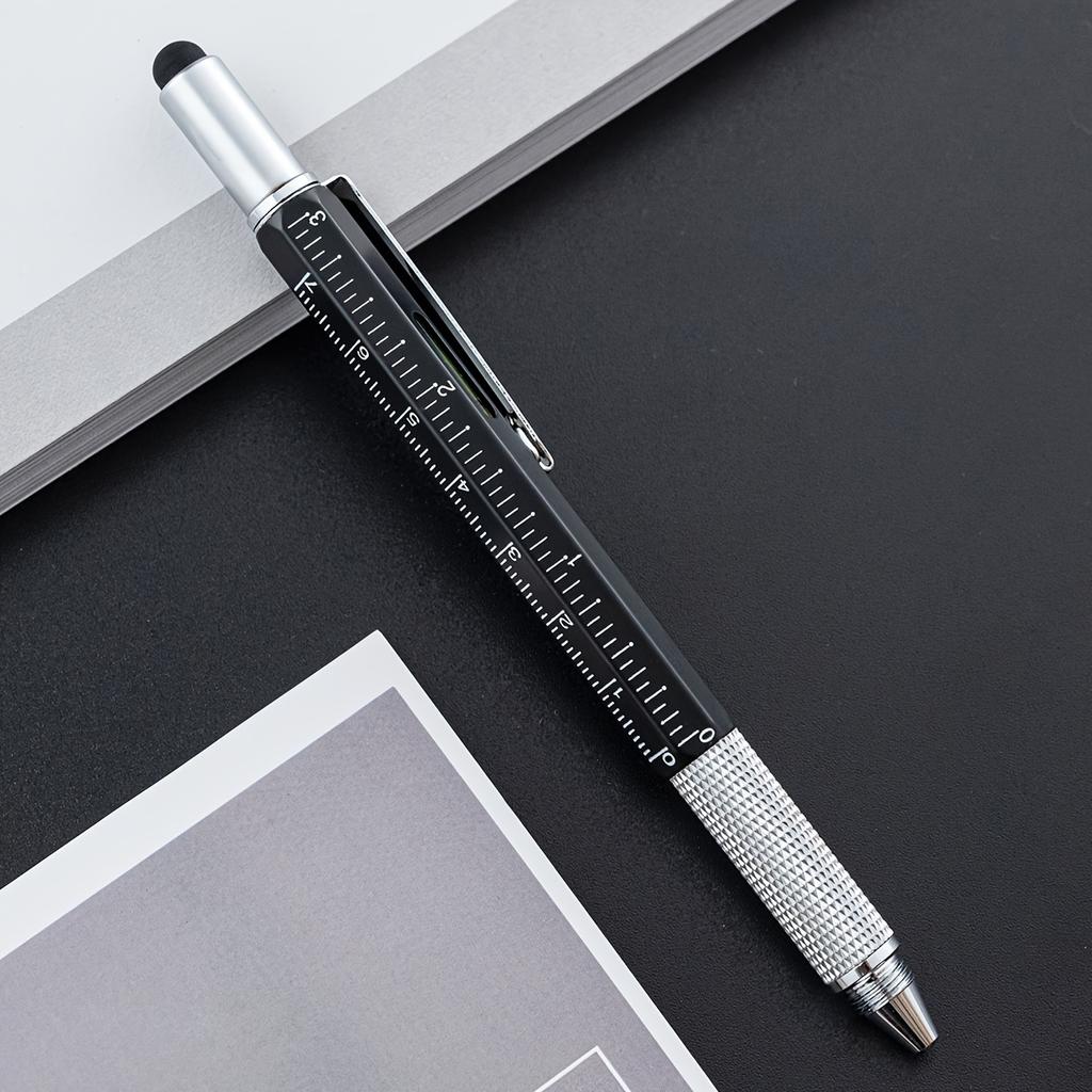 6-in-1 Heavy-Duty Multitool Pen - Water-Resistant, Retractable, Metal Construction With Medium Point, Ballpoint Pen, Ruler, Stylus, Level, Screwdriver