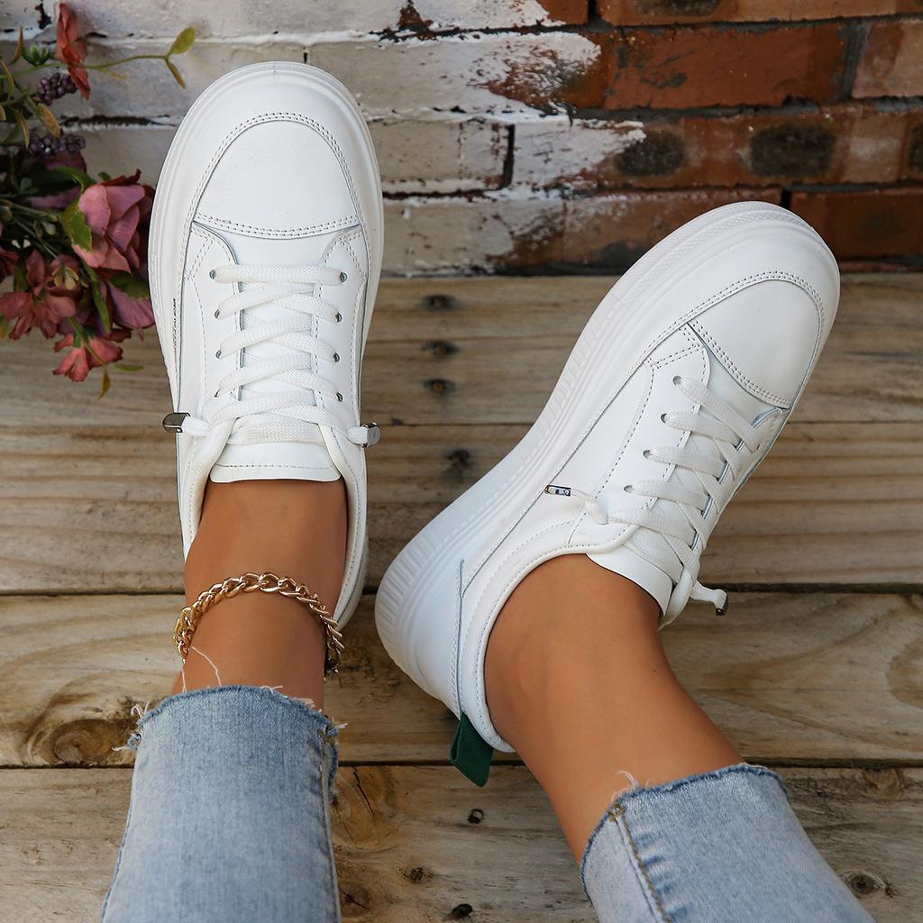 Women White Sneakers Autumn Lace Up Thick Bottom Casual Flat Shoes Anti-slip Outdoor Walking Sport Board Shoes Zapatos De Mujer