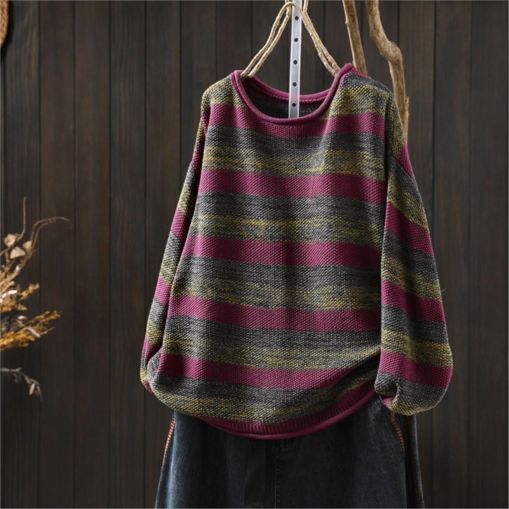Johnature Women Vintage Winter Purple Sweaters O-Neck Long Sleeve Striped Knitted Female Casual Soft Sweaters