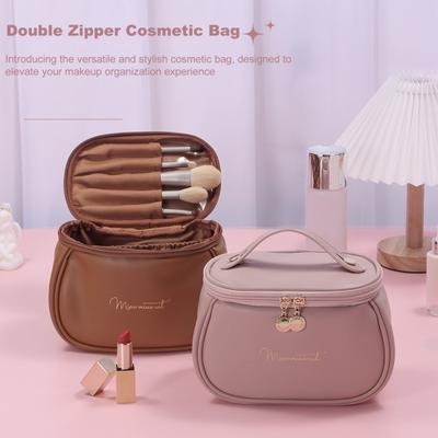 Women Cosmetic Storage Bag Smooth Waterproof Faux Leather Large Capacity with Multiple-sized Dividers Travel Business Trip Toilet Requisites Handbag