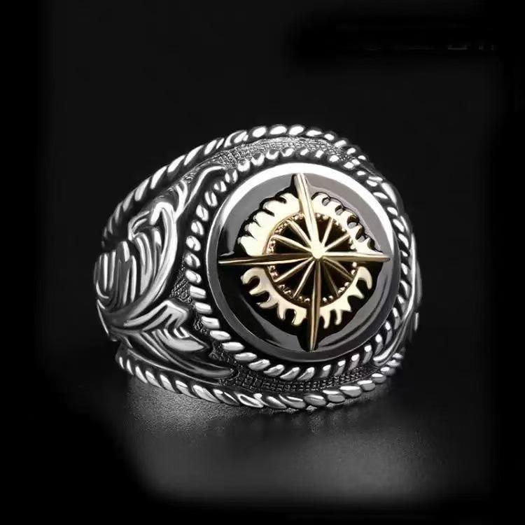 Men's Two-Tone Four-Point Star Hip Hop Retro Gold Ring