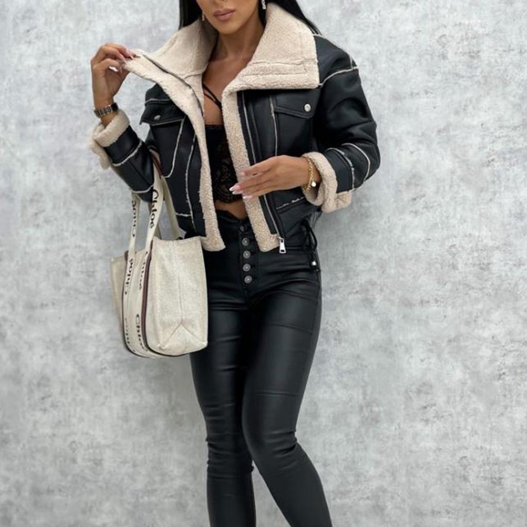Autumn and Winter Jacket Lamb Wool Short Jacket Zipper Motorcycle Style PU Leather Jacket Top Women