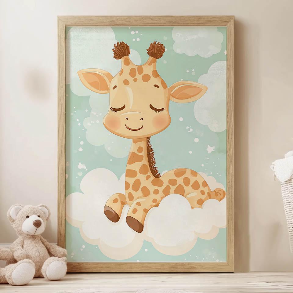 Plakat Żyrafa Na Chmurce Plakat Żyrafa Na Chmurce, 30X40 Cm, Rama Drewniana Jasny Dąb, Papier Matowy 230 Gsm