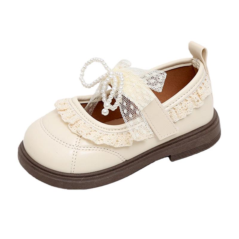 Girls' Lace Bow Leather Shoes - Spring & Autumn Korean Style Princess Performance Shoes with Pearls