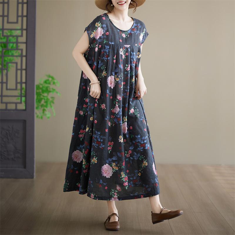 DIMANAF New 2026 Summer Beach Women Plus Size Cotton Vintage Lady Loose Oversize Long Dress Floral Print
