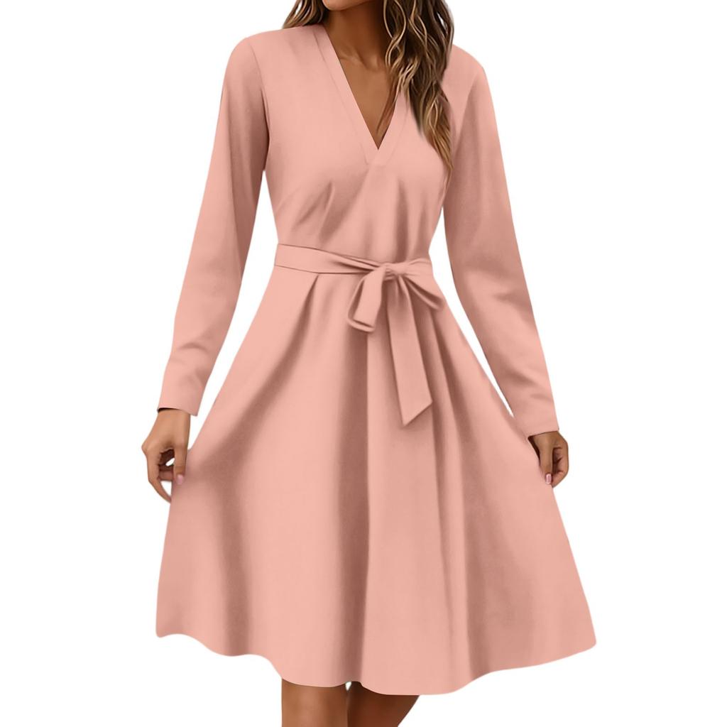 Women's Fashion Casual V-Neck Long Sleeve Waist Floral Print Midi Dress