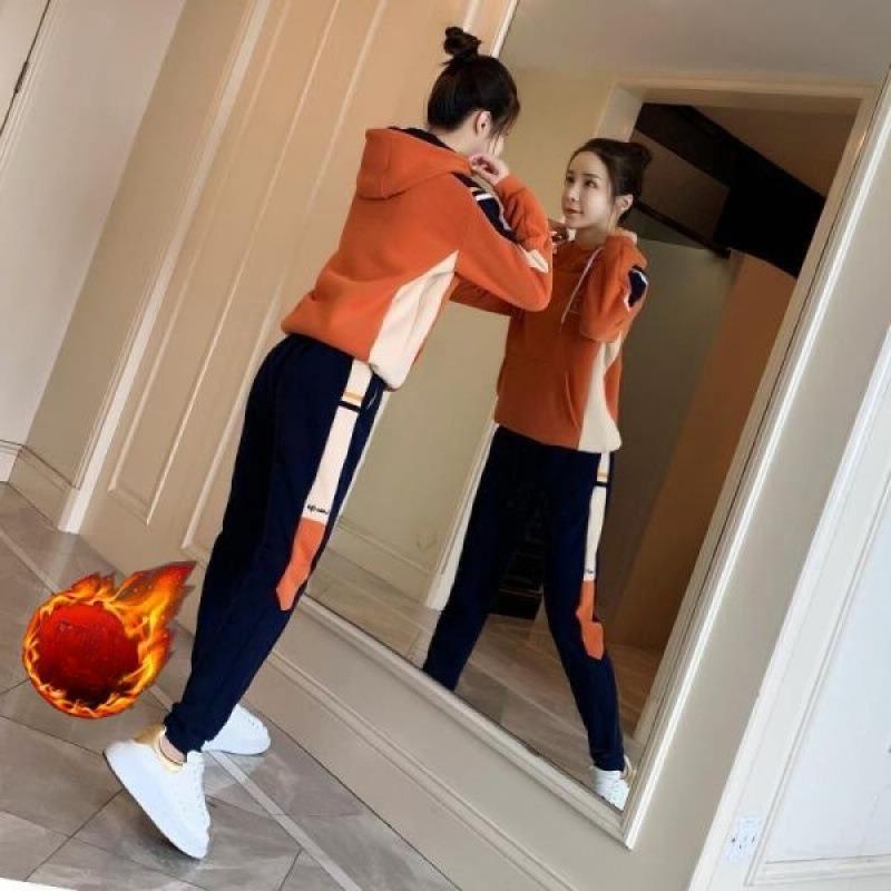 Thick Velvet Autumn and Winter Casual Sports Suit Women's Fashion Hooded Sweatshirt Two-piece Set