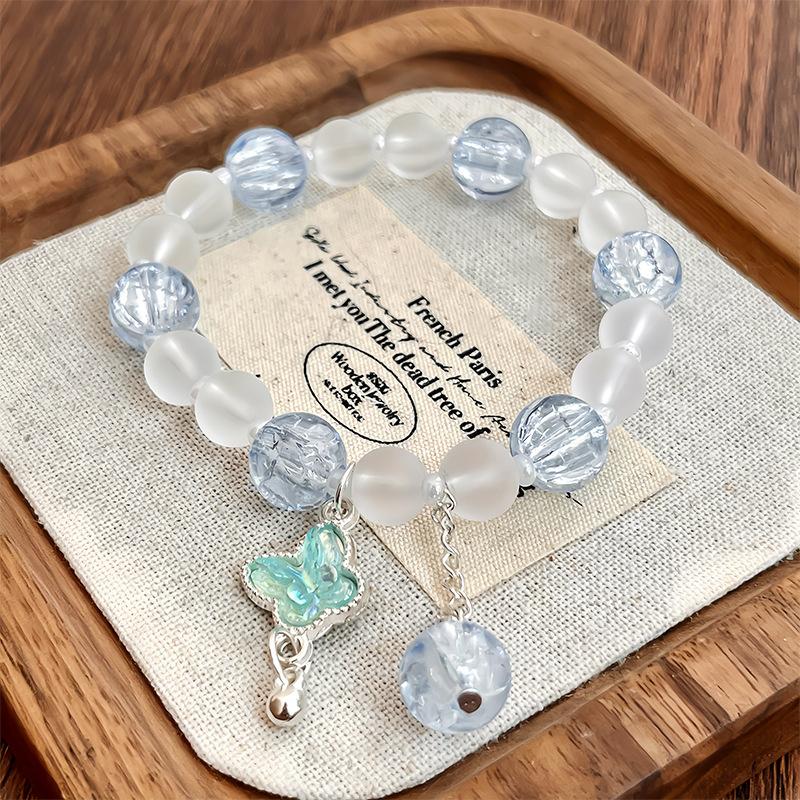 Korean Pink Crystal Flowers Butterfly Pendant Beaded Bracelet For Women Sweet Beads Chain Bracelets Girlfriend Jewelry Gifts