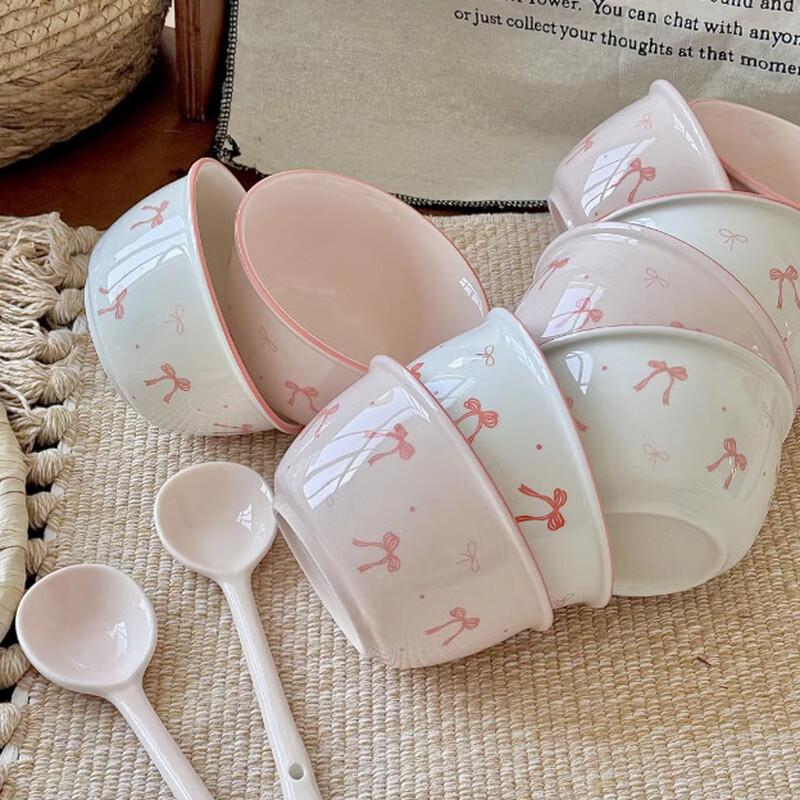ZISIZ Girly Pink Bow Ceramic Rice Bowl Set