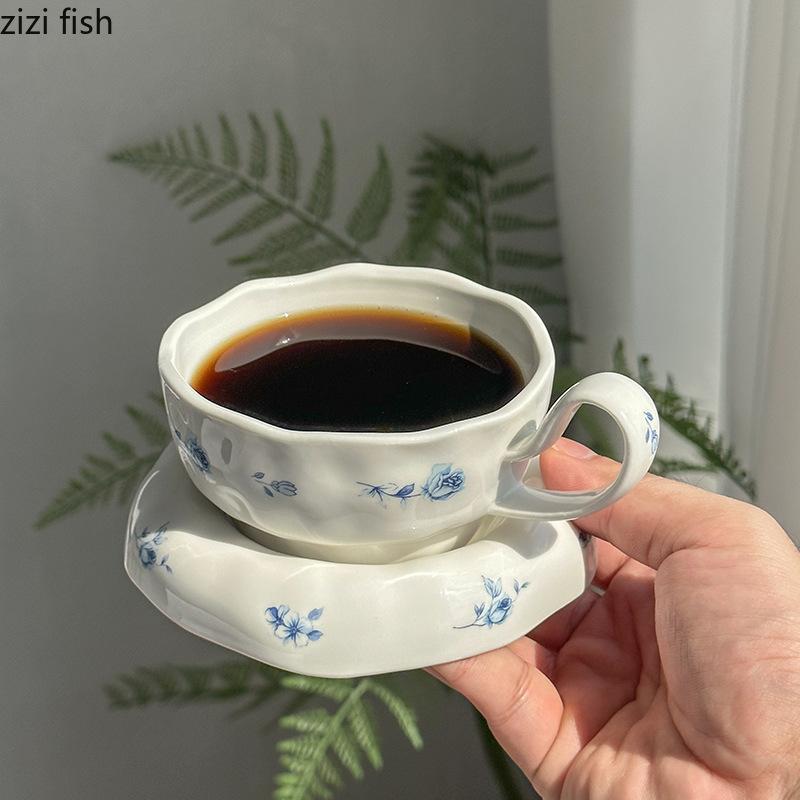 High Footed Flower Coffee Cups and Plates Ceramic Water Cup Afternoon Tea Cup Oat Breakfast Cups Milk Mug Flower Tea Mug