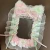 Photo Display Decor Handcrafted Plush Cat Ears & Pink Bow Lace Photo Card Holder - Charming Bag Pendant with Heart & Cross Accents Cat Lover Gifts