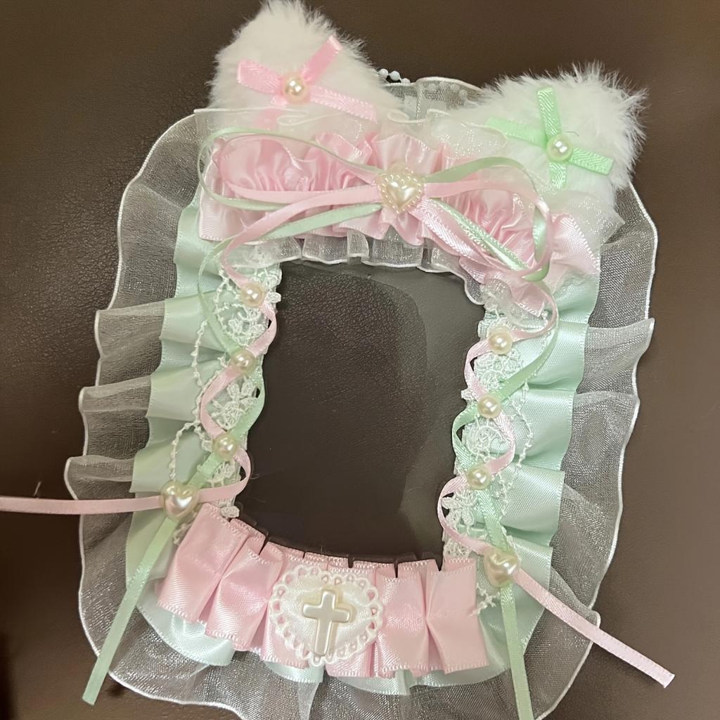 Photo Display Decor Handcrafted Plush Cat Ears & Pink Bow Lace Photo Card Holder - Charming Bag Pendant with Heart & Cross Accents Cat Lover Gifts