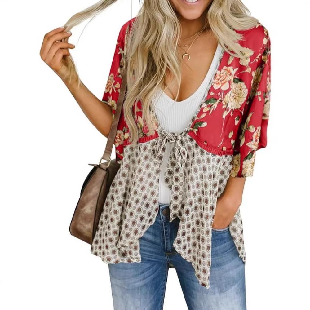 Europe, America, Summer, Casual Print Lace-Up V-Neck Chiffon Shirt S красный