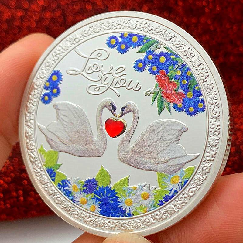 Mandarin Ducks and Swans, Diamond Set, Heart Shaped, Silver Plated, Color Printed Commemorative Medallion, Creative, Love Language Coin