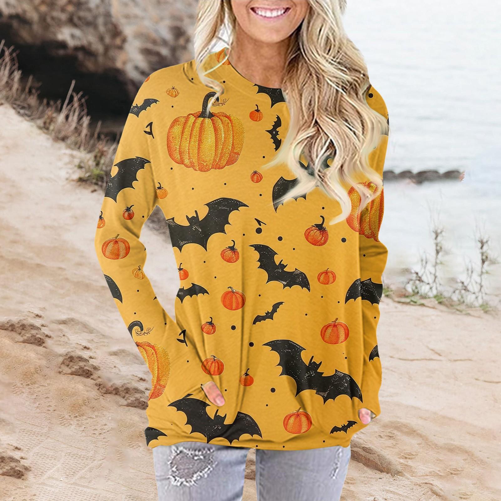 

Женская модная повседневная футболка с круглым вырезом и принтом, длинными рукавами и карманами XXXL оранжевый