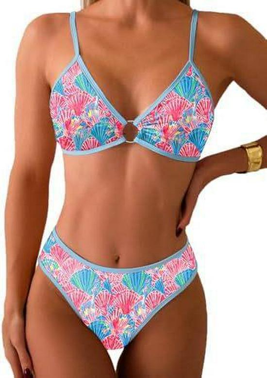 Verspielter Floral 2025O Damen Zweiteiliger Bikini mit Ring-Verknüpftem Dreiecksdesign