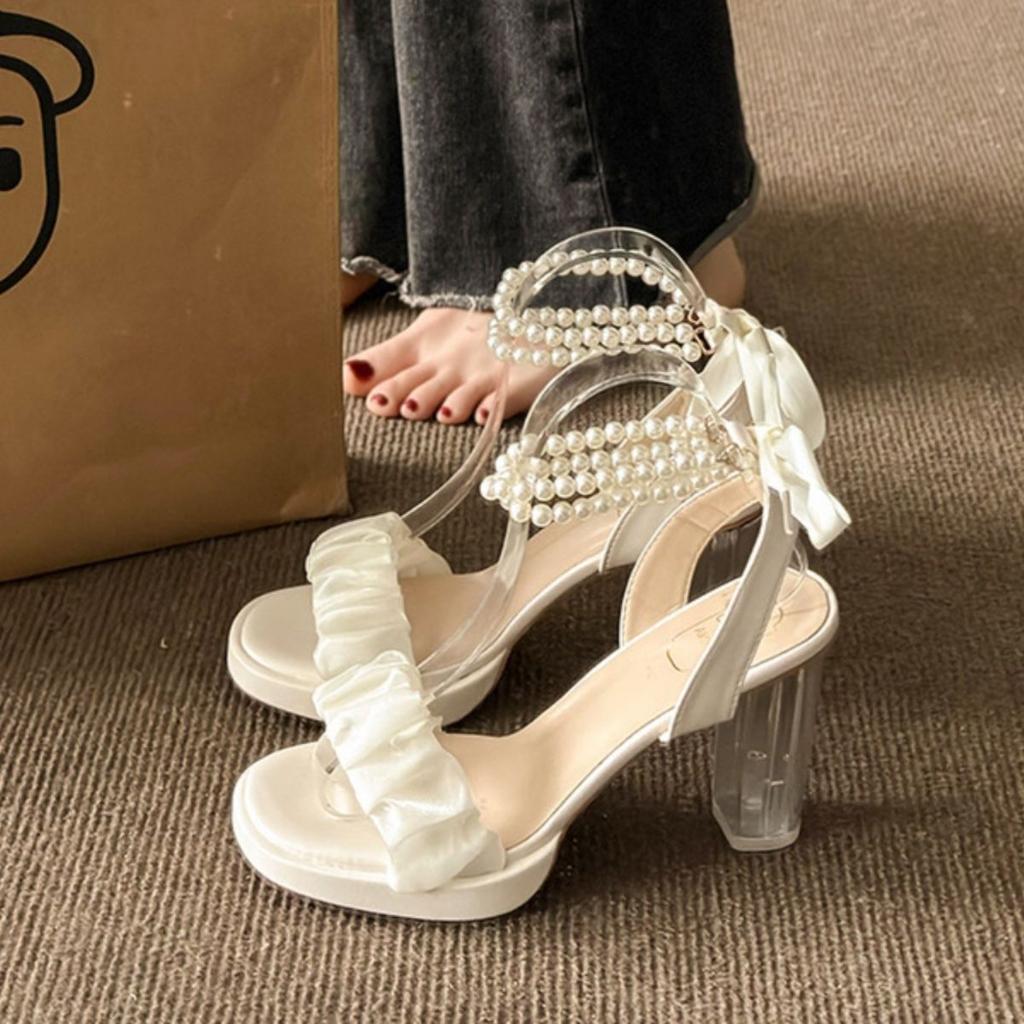 Evening Wind Versatile Skirt Sandals Temperament Summer Belt Girl High Heels Women Pearl Casual Shoes French