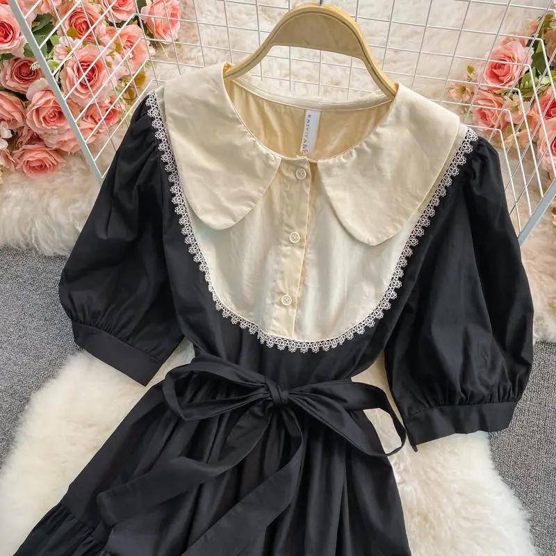 Tatlı Lolita Elbise Kadın Kawaii Zarif Vintage Elbiseler Bahar Tatlı Sevimli Puf Kollu Tiki Tarzı Sundress Moda Elbise