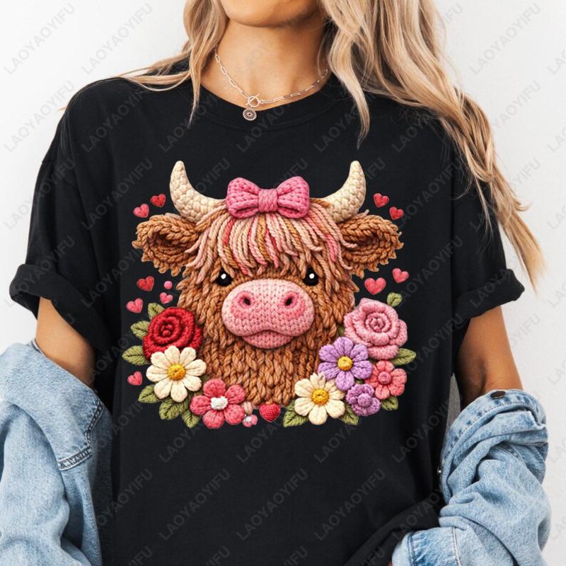 Highland Cow Rose Valentine Cotton Tshirts Imitation Knitting Printed Preppy Lovely Style Casual Cute Retro Women Oneck Tops