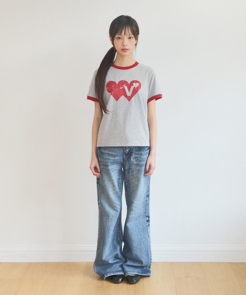 VIDEO JOCKEY Double Heart Ringer T-Shirt [Melange Gray]