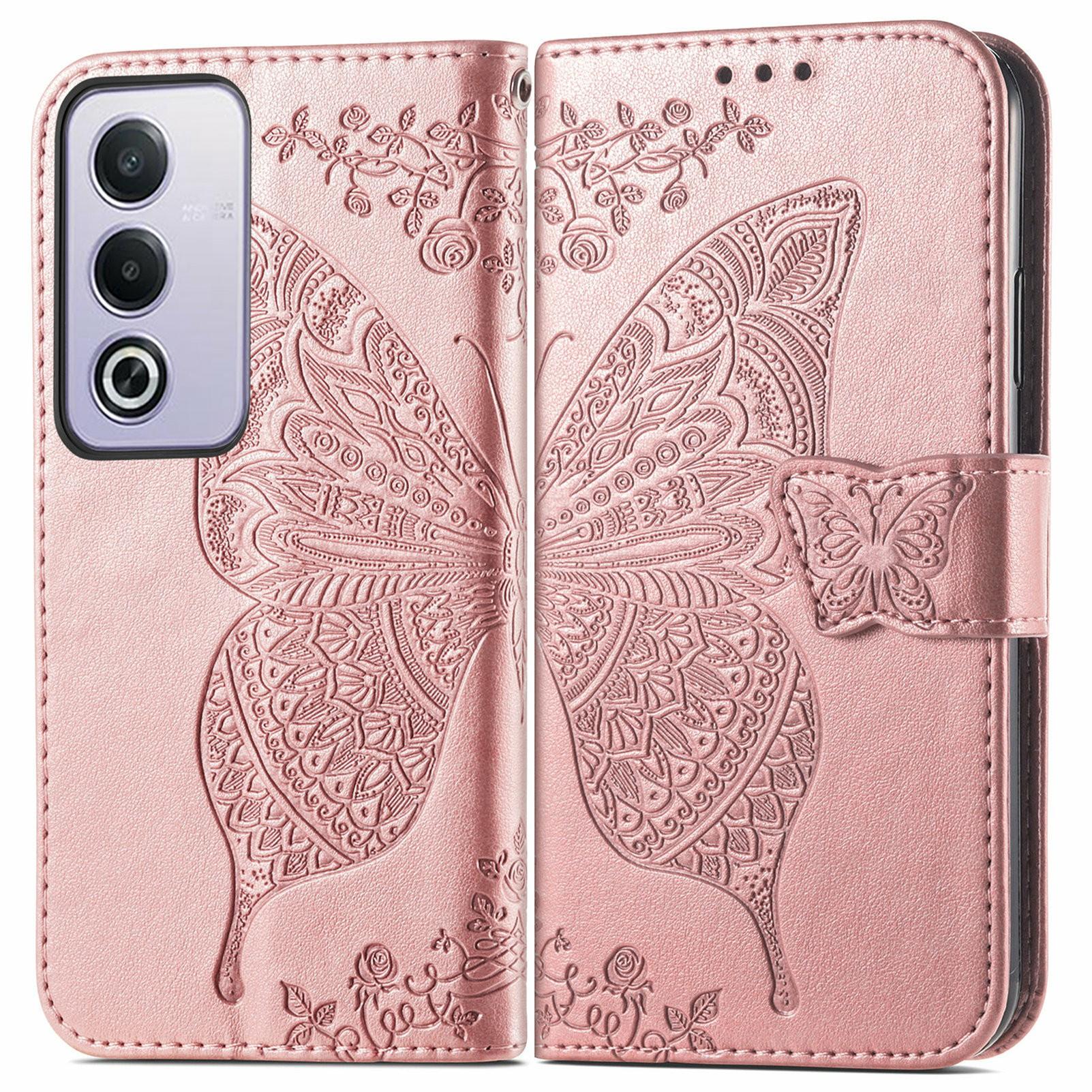 

For Oppo A80 5G Case PU Leather Wallet Phone Cover Butterfly Pattern Rose Gold