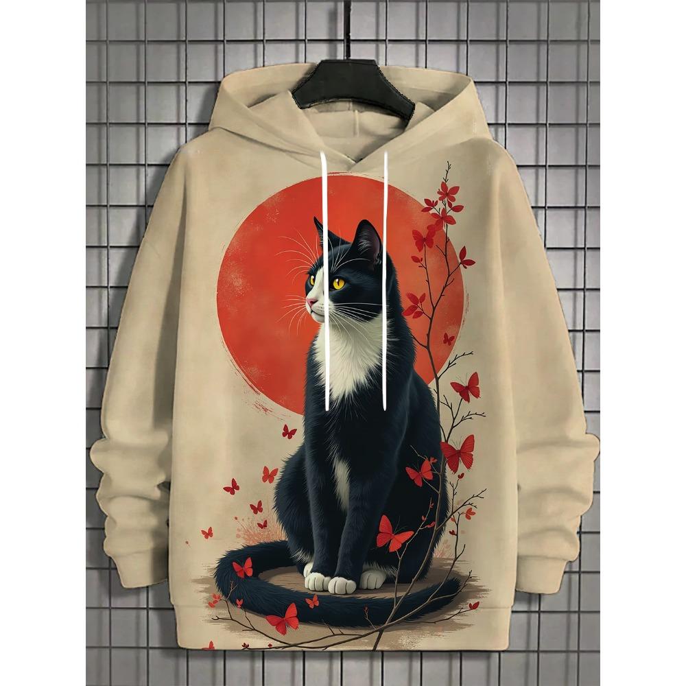 Japanische Harajuku Bedruckte Hoodies für Herren Berg Katze Tentakel Grafik Sweatshirts Lässig Lockeres Sweatshirt Lange Ärmel Pullove