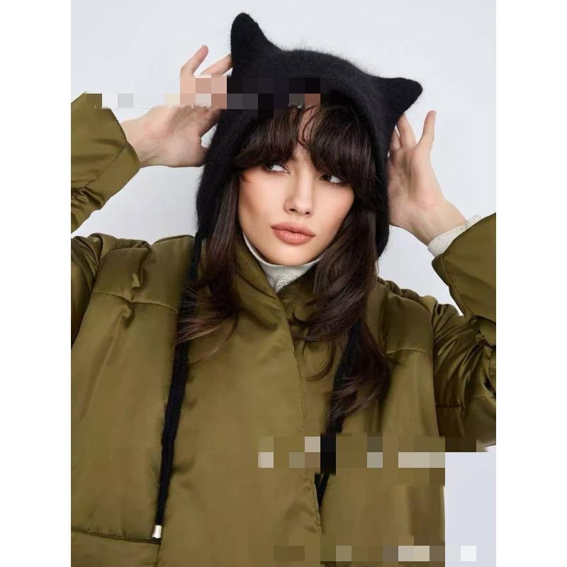 Solid Color Cat's Ears (Steamed Cat-ear Shaped Bread) Hat Cute Ear Warm Cold Hat Female Plush Hat Soft Waxy Pullover Hat