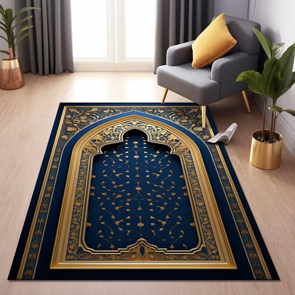 Islam Living Room Carpet Blue Luxury Decoration Home Rugs for Bedroom Soft Fluffy Flannel Carpet Anti-slip Large Area Pray Mat
