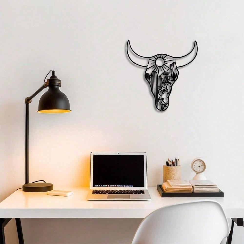 Metal Longhorn Skull Wall Decor, Desert Cactus Silhouette Art, Boho Southwest Home Ornament, Unique Garden Gift