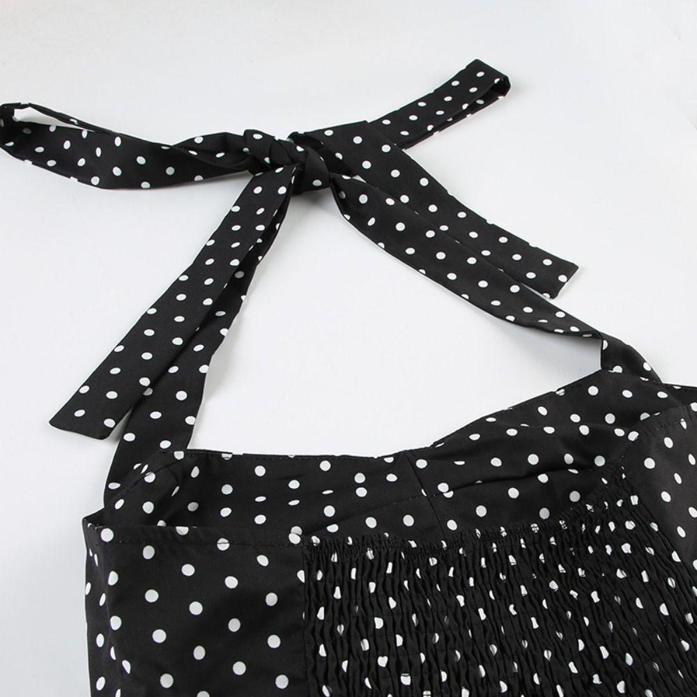 Dot Halter Ruffle Vest Top Lace Up Women Camisole Fashion Sleeveless Crop Top  Streetwear