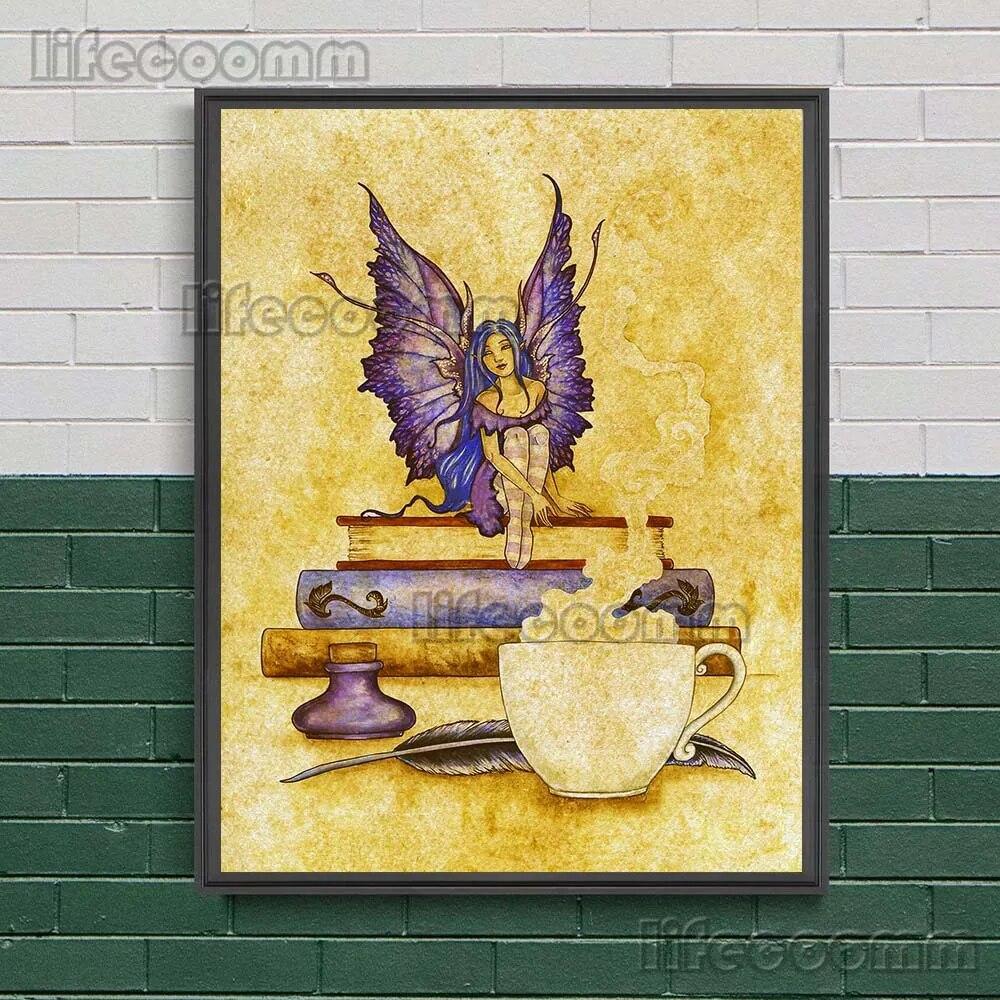 

Какао, кофе и фея, винтажная настенная живопись на холсте, послеобеденный чай и дух, художественный постер и принт для украшения гостиной, без рамки 21*30cm