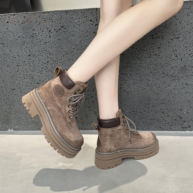 inner height increase leather thick-soled Martin boots women's autumn and winter short boots pink boots height increase 8cm