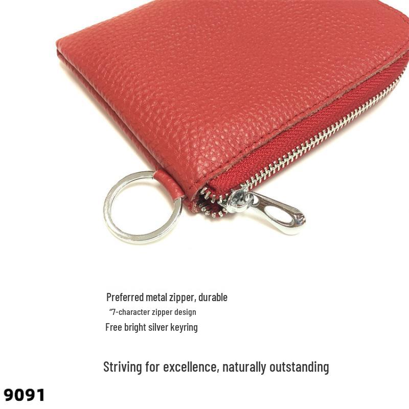 Genuine Leather Zipper Coin Purse & Card Holder with Key Ring