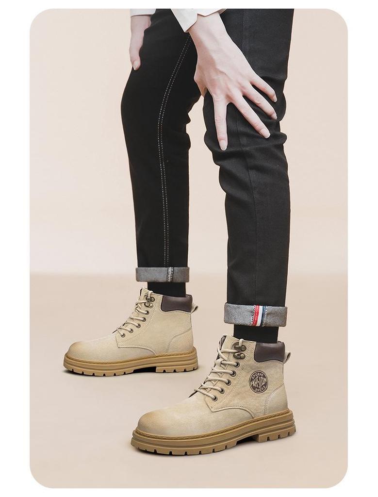 Men's Large Size Winter Genuine Leather Martin Boots, Thick Sole, High-Top, Outdoor, Plus Velvet, Yellow Work Boots.