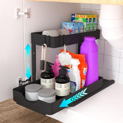 Höhenverstellbarer Organizer und Stauraum unter der Spüle, ausziehbarer Schrank-Organizer, 2-stufiges ausziehbares Regal, Stauraum unter dem Schrank, Organisation unter der Spüle