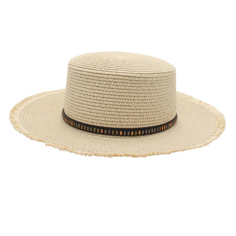 Beaded Flat Top Beach Hat Seaside Visor Rough Rafi Straw Hat Vacation Jazz Hat With Accessories