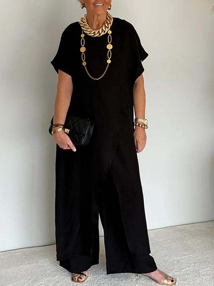Women Solid Color Short Sleeve suit Wide Leg Loose Fit Casual Elegant Plus Size Set S