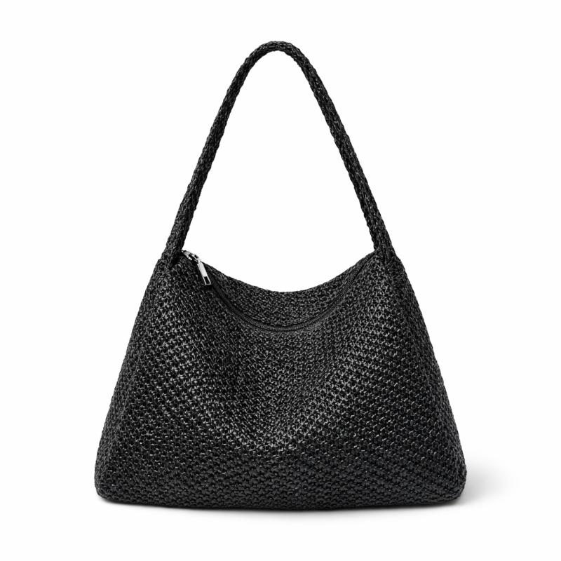 Straw Textured Tote Bag Stylish Beach Vacation Shoulder Bag Zippered Large Capacity Handbag Wide Shoulder Strap Underarm Bag