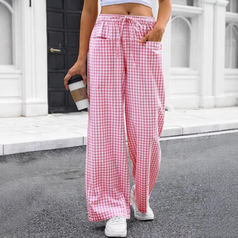 Women's Summer Gingham Wide Leg Pants Drawstring Pocket Trousers