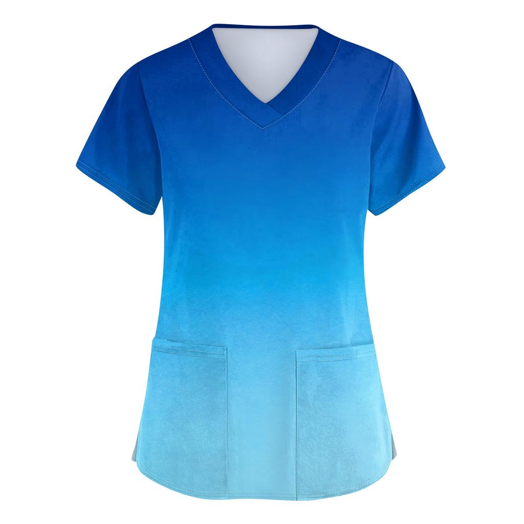 Women's fashionable V-neck short-sleeved pocket protective work uniform with printed design