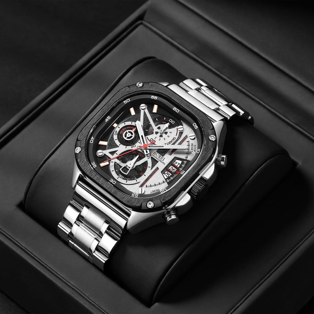 BUREI Men's Rectangular Face Chronograph Quartz Watch, Analog, Waterproof, Date Display, Stainless Steel, Silver, Gift for Men