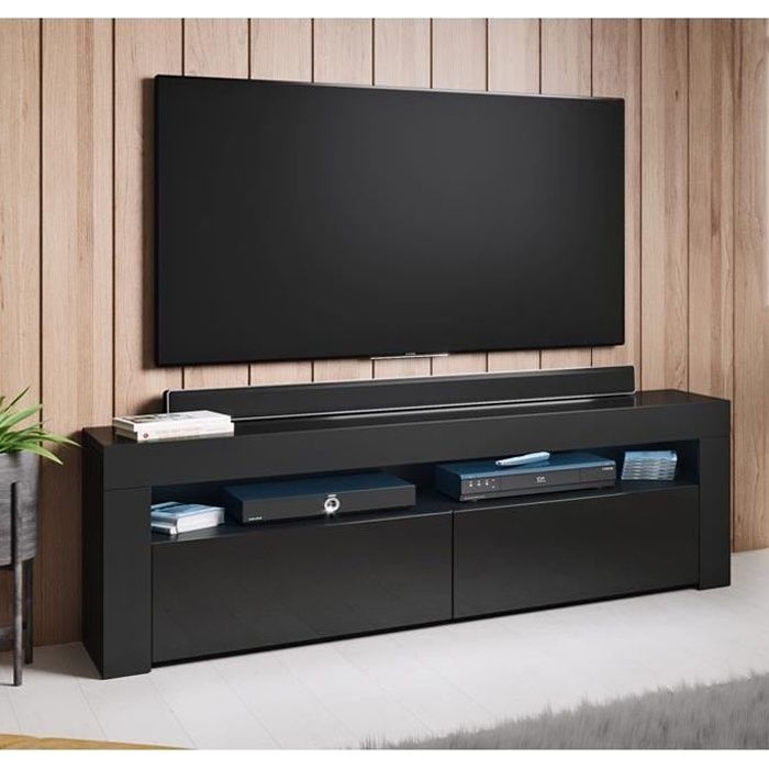 Living Room TV Stand with LED | Glossy Black | 2 Doors with 2 Compartments | 140 X 50.5 X 35cm | Model Aker