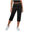 Women Elastic High Waist 3/4 Pant Casual Fit Wide Capris Leg Pants Trousers With Pockets