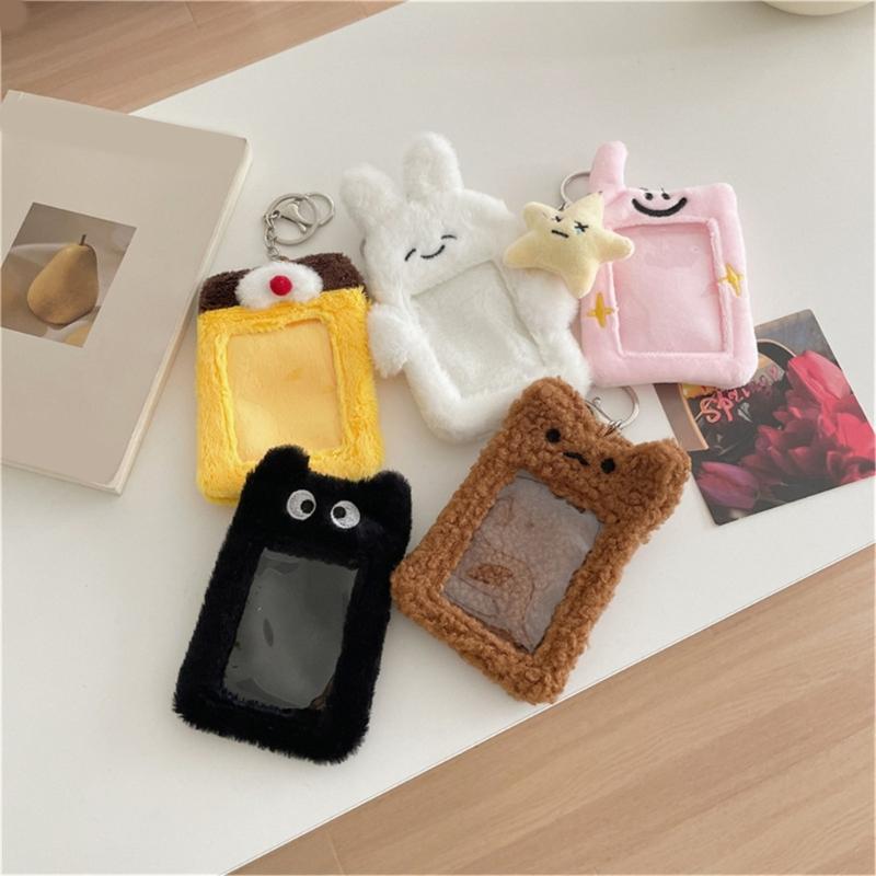 Soft Plush Photocard Holder ID Credit Case with Keychain Cartoon Pendant 3 Inch Photo Card Holders Card Protector School