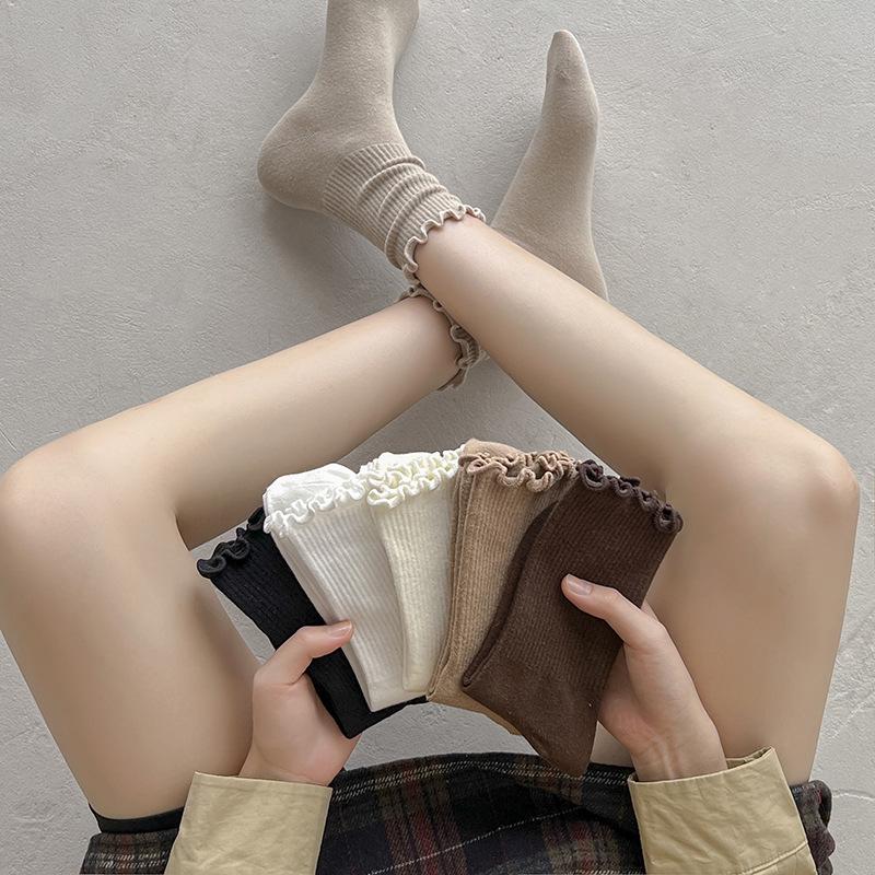 Women's Cute Japanese Style Ruffle Mid-Calf Lace Socks - Solid Color, Warm for Autumn & Winter