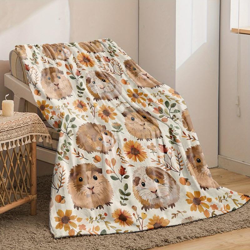 1pc Cozy Flannel Blanket with Adorable Guinea Pig & Floral Design - Soft Warm Throw for Sofa Bed Office