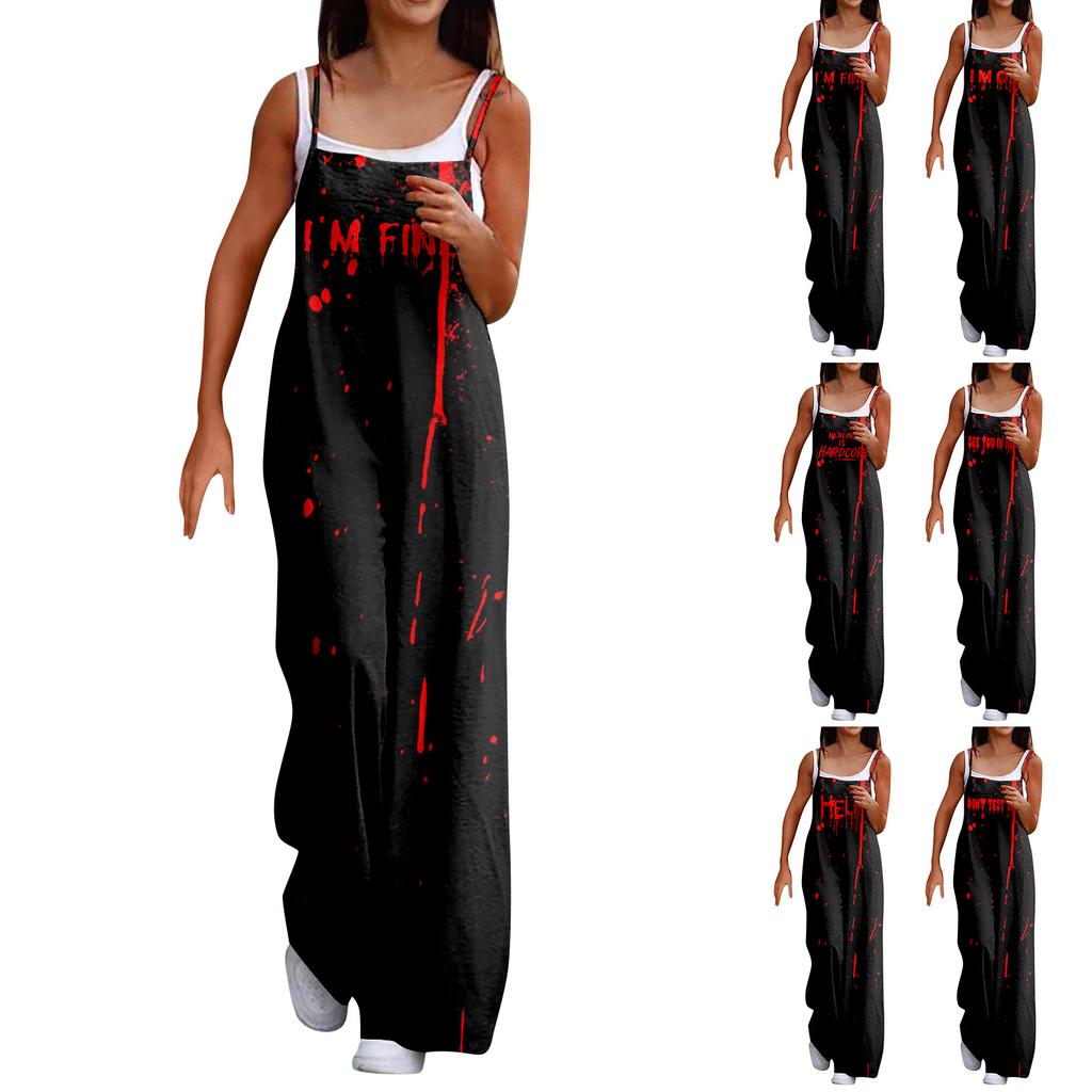 Wide Leg Overalls For Women Casual Loose Sleeveless Print Button Long Pant Romper Jumpsuit With Pockets