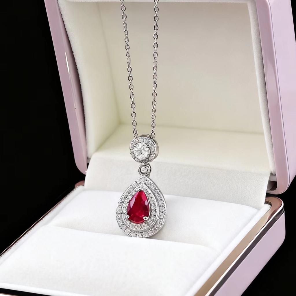 Rose Gold Plated Cultivated Ruby Emerald Colored Treasure Droplet Pendant Necklace Women'S Fashion Emerald Clavicle Chain
