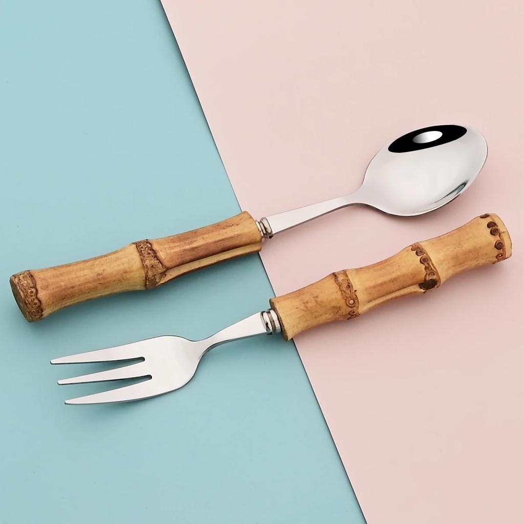 20Pcs Mirror Stainless Steel Cutlery Set Wood Bamboo Root Handle Dinnerware Knife Spoon Cake Fork Tableware Kitchen Silverware